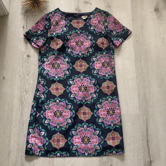 J. Crew Factory Navy purple Floral Shift Dress Sz 2 career or casual midi party - Picture 1 of 12